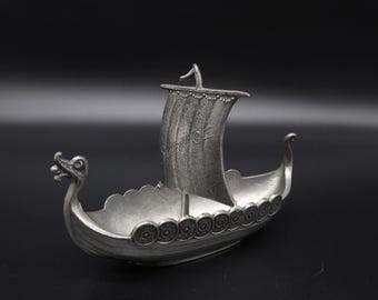 Vintage pewter viking ship – miniature longboat sculpture, nordic decor
