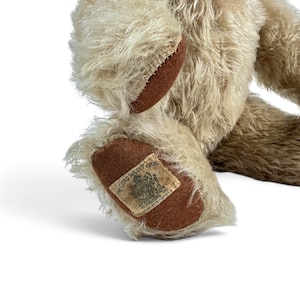 K&ouml;nnte beinhalten: Ein beigefarbener Pl&uuml;schteddyb&auml;r mit langem, zotteligem Fell. Der B&auml;r hat dunkelbraune Filzpfoten. Ein rechteckiges Stoffetikett ist an der Unterseite eines Fu&szlig;es angen&auml;ht und zeigt den Text "CHAD VALLEY" sowie ein Wappenlogo in schwarzer Tinte.