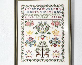 Vintage embroidered needlepoint sampler – framed folk art embroidery, 1960s scandinavian wall decor