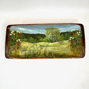 Antique Swedish Dough Board – Hand-Painted Countryside Scene | Signed Rustic Wall Art – 74 cm
