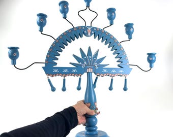 Folk art candelabra – hand-painted turquoise 7-arm swedish candleholder, 58cm