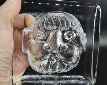 Vintage Brutalist Art Glass Face Figurine Sculpture  by Skrufs Sweden, Signed