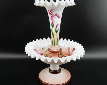 Antique French Art Nouveau Vase – Hand Painted Opal Glass – Pedestal Trumpet Design