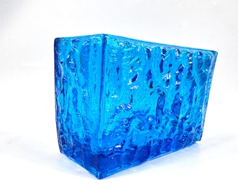 Blue Glass Vase – Vintage Brutalist Bark Texture