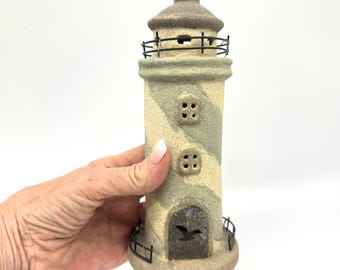 Ceramic lighthouse tealight holder – handmade nautical decor