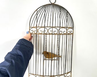 Metal birdcage wall decor – rustic half cage with bird, 41cm