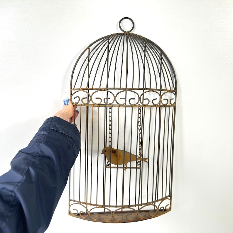 Metal birdcage wall decor – rustic half cage with bird, 41cm image 1