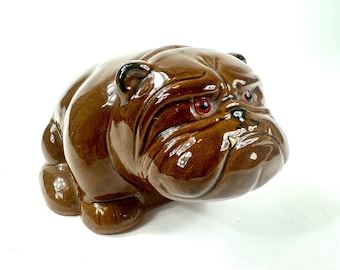 Ceramic Bulldog Figurine – Mid-Century Pottery Dog, Brown Glaze, Glass Eyes