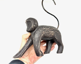 Vintage Hand-Carved Monkey Sculpture – Wood & Metal Folk Art, Hanging or Standing Display