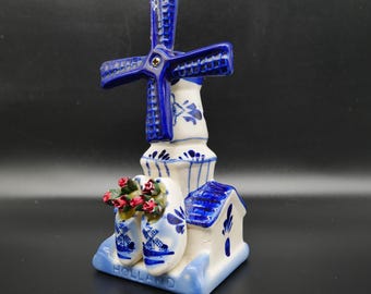 Vintage Mid-Century Delft Blue Windmill Figurine with Clogs - Dutch delft Souvenir
