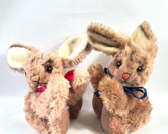 Steiff rabbits, pair of plush bunny toys, germany, 1960s