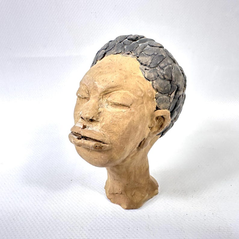 Vintage studio pottery head sculpture – signed kj ’59, hand-modelled clay figure image 3