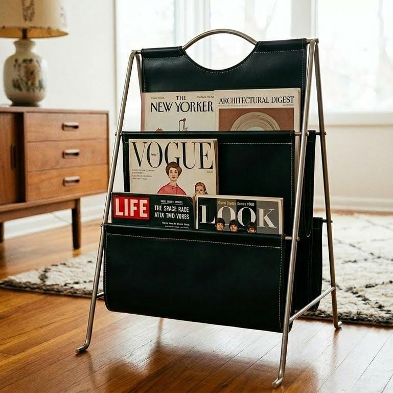 Bauhaus Magazine Rack – Mid-century Black Leatherette With Chrome