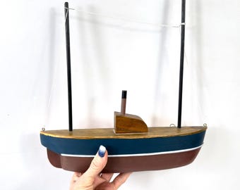 Vintage wall-mounted ship model – half hull steamer sailboat, nautical yacht decor