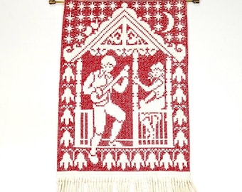 Vintage tapestry wall hanging embroidery wool twist cross-stitched needle point home decor