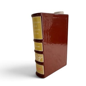 Puede incluir: Un decantador de cer&aacute;mica marr&oacute;n oscuro con forma de libro antiguo y tap&oacute;n de cristal transparente. El lomo presenta cuatro etiquetas doradas con texto que incluye "FORTELSER OVER VINTERHETS-FRAGAN" y "COGNAC" e iconos gr&aacute;ficos de trigo y botellas.