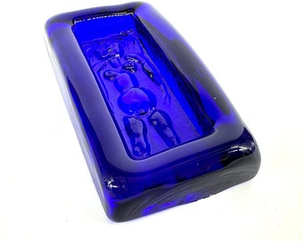 Erik Höglund Blue Glass Tray – Vintage Kosta Boda Scandinavian Art Glass, Nude Woman Design