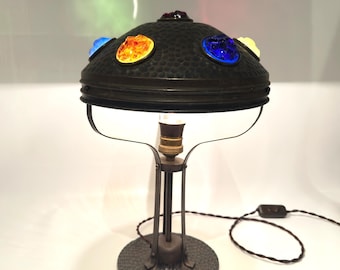Arts & Crafts Hammered Metal Table Lamp – Jewel Glass Shade