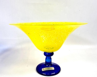 Scandinavian Art Glass Bowl – Jan Stievens Cobalt Blue & Yellow Pedestal