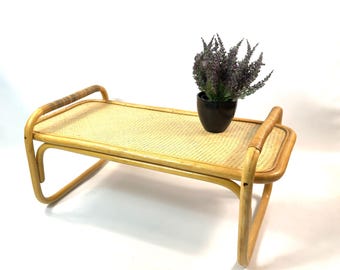 Vintage Bamboo Breakfast Tray – Woven Cane Rattan Surface, 78 cm Long – Mid-Century Boho Decor