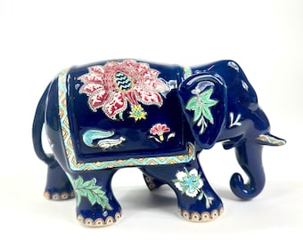 Vintage Ceramic Elephant Figurine – Blue Glazed with Floral Motif – 22 cm