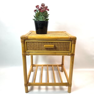 Vintage Bamboo Side Table with Drawer – 1970s Rattan Boho Decor Furniture