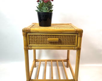 Vintage Bamboo Side Table with Drawer – 1970s Rattan Boho Decor Furniture