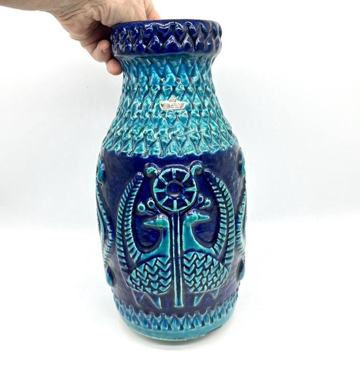 工芸品 Vintage Bay Keramik West German Vase Vintage BAY KERAMIK Matte Blue Vase 86 20 With Floral Decor