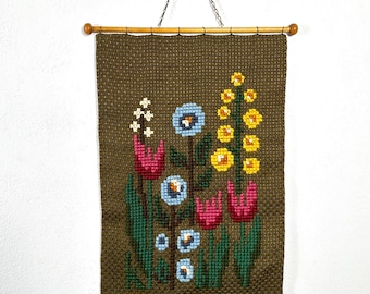 Vintage needlepoint wall hanging  – scandinavian floral 1970s handmade textile art