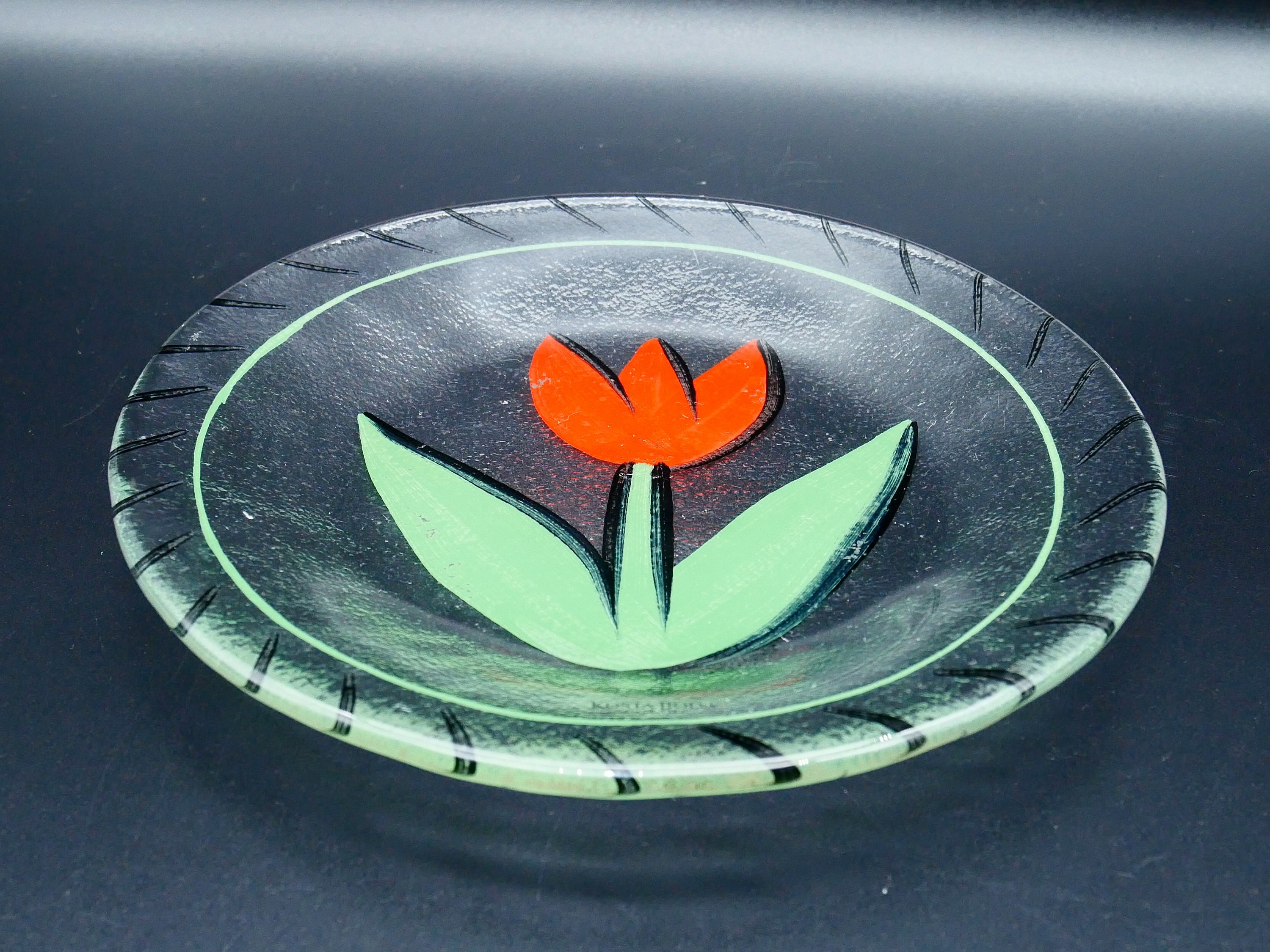 Mid Century Kosta Boda Glass Art Red Tulip Plate by Ulrica Hydman