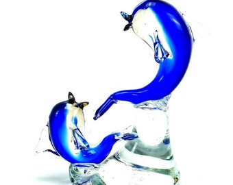 Hand Blown Art Glass Dolphin Figurine: Mid Century Ocean Decor