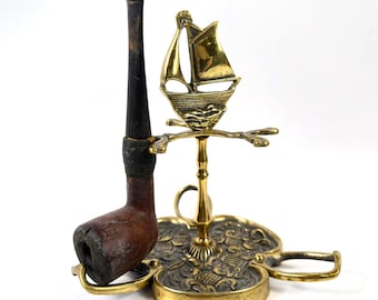 Vintage Brass Pipe Stand – Nautical Sailboat Motif, Table Pipe Holder, Mid-Century