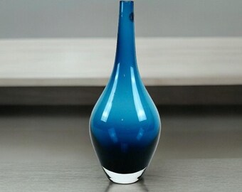 Mid Century Modern Glass Blue Teardrop Vase by Johanna Jelinek - Sommerso style Hand blown in Sweden