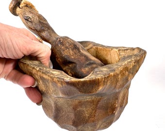 Rustic wooden mortar and pestle – vintage hand-carved folk art kitchenware