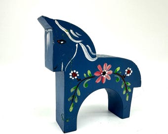 Hand-Painted Swedish Dala Horse – Blue Folk Art Decor, Vintage Wooden Horse