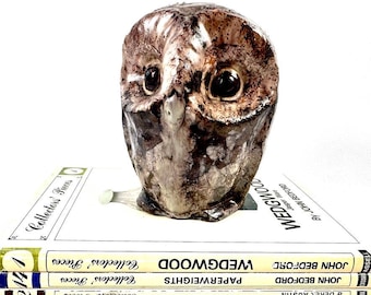 May include: A ceramic owl figurine with a mottled brown, gray, and white glaze, featuring large dark eyes and a textured surface. The owl is positioned on a stack of four books titled Collectors' Pieces, including volumes on Wedgwood and paperweights.