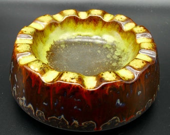 Vintage Strehla Ceramic Ashtray - 1960s East German Fat Lava Pottery, Yellow and Brown