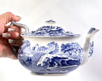 Włoski czajniczek Spode, niebieski, kalkomania, angielski żelazny kamień