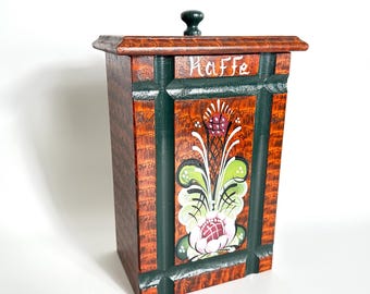 Vintage Hand-Painted Wood Coffee Canister: Swedish Kurbits Rosemaling Kitchen Jar