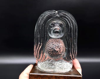Vintage glass troll figurine on wood stand – swedish art glass sculpture, traditional scandinavian decor