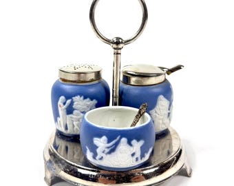 Vintage adams tunstall jasperware cruet set: blue & white ceramic, metal stand