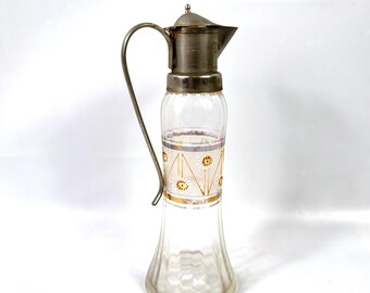 Vintage glass pitcher with metal lid hand painted floral enamel jug