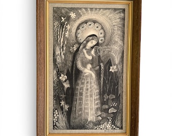 Gerahmter Vintage-Textildruck, Ilse Roempke Madonna mit Kind, schwedische religiöse Wandkunst