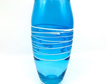 Blue Art Glass Vase, Hand Blown with White Applied Lines