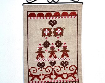 Cross-stitched wall hanging – vintage scandinavian folk art, 1970s decor