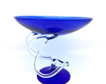 Vintage Jozefina Krosno Art Glass Bowl: Blue Jellyfish Candle Holder
