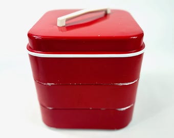 Vintage scandinavian biscuit tin – 3-tier red stacking food carrier – 1960s retro lunchbox