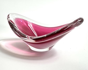 Vintage Pink Glass Bowl: Flygsfors Coquille, Signed, 1956