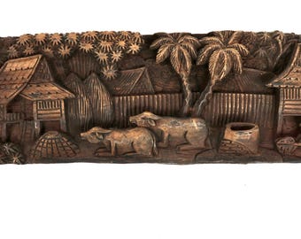 Hand-Carved Wooden Wall Art – Vintage Asian Relief Panel – Large Decorative Wood Plaque, Boho Decor