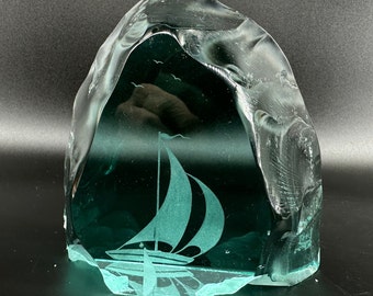 Vintage Mantorp Glass Ice Block Paperweight – Etched Sailing Ship, Signed Scandinavian Art Glass